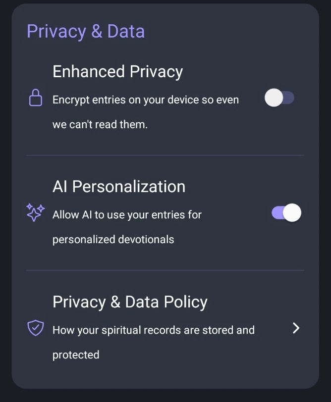 Settings Privacy and Data section with optional Enhanced Privacy toggle, AI Personalization, and privacy policy link.