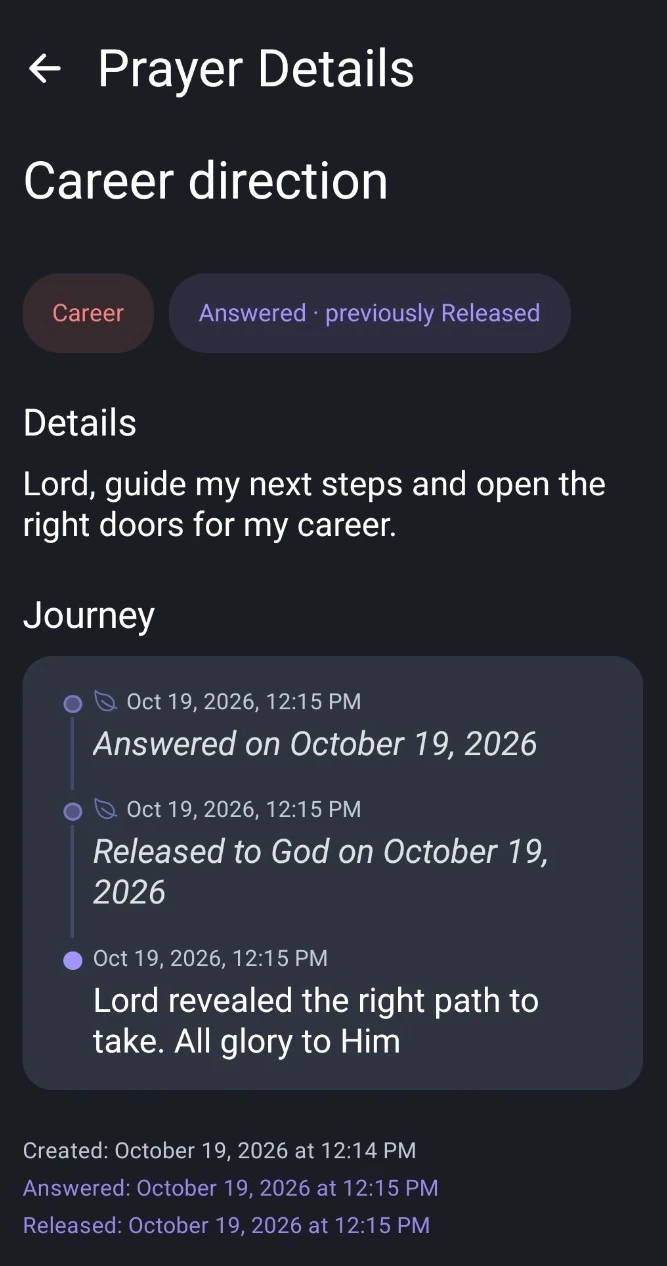 Same demo prayer marked Answered, previously Released, showing both milestones in its Journey timeline.