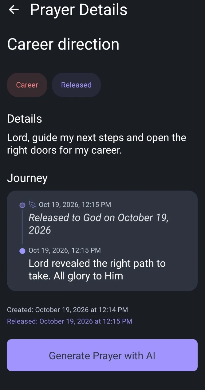 Demo prayer marked Released, with its milestone and personal update in the Journey timeline.
