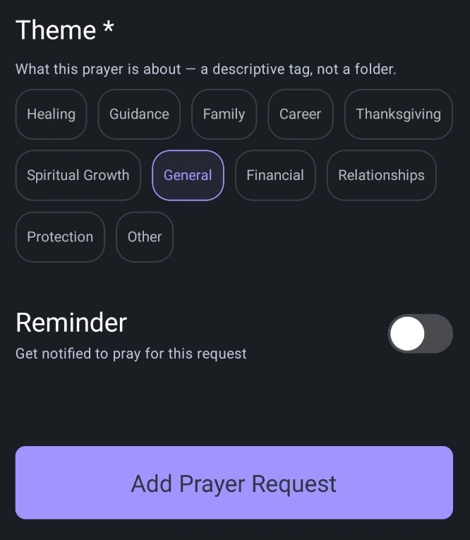 Prayer Theme choices and optional Reminder toggle on Add Prayer Request.