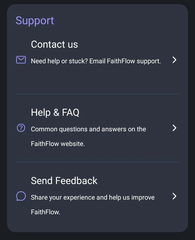 Settings Support section with Contact us, Help and FAQ, and Send Feedback.
